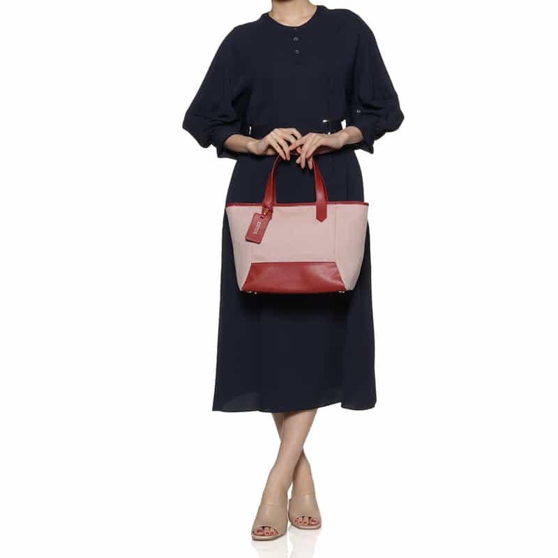 BARNEYS NEW YORK レザー×シャンブレー素材コンビネーショントートバッグ RED