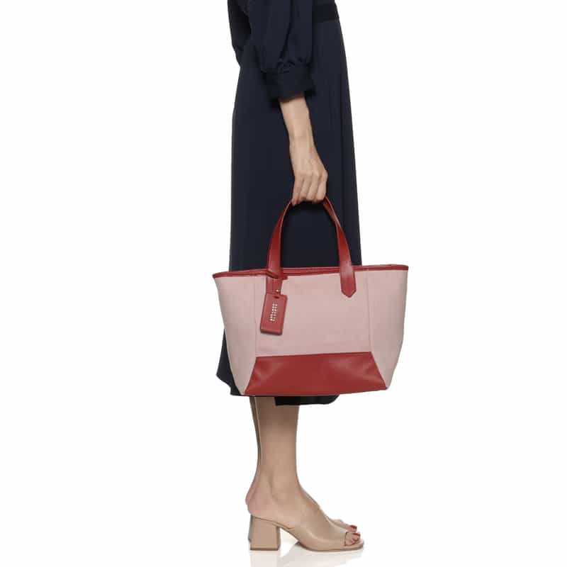 BARNEYS NEW YORK レザー×シャンブレー素材コンビネーショントートバッグ RED