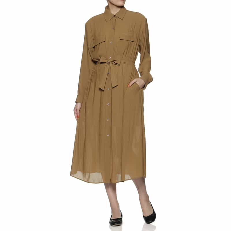 BARNEYS NEW YORK ウォッシャブル シアー素材 ベルテッド ワイドスプレッドカラードレス BROWN