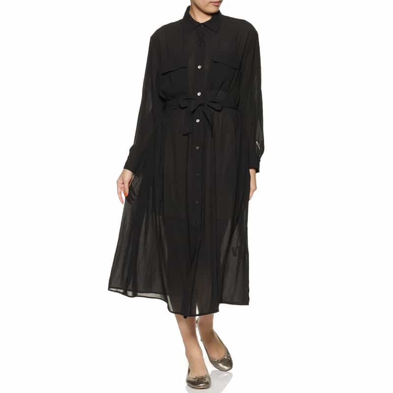 BARNEYS NEW YORK ウォッシャブル シアー素材 ベルテッド ワイドスプレッドカラードレス BLACK