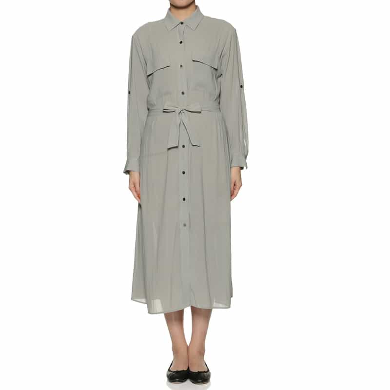 BARNEYS NEW YORK ウォッシャブル シアー素材 ベルテッド ワイドスプレッドカラードレス GRAY