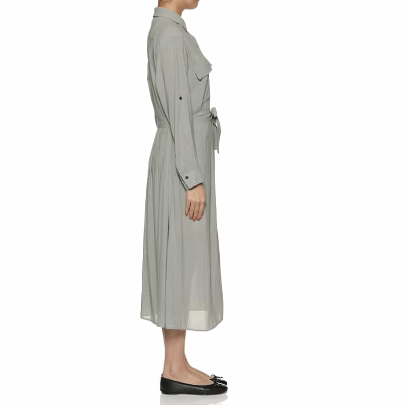 BARNEYS NEW YORK ウォッシャブル シアー素材 ベルテッド ワイドスプレッドカラードレス GRAY