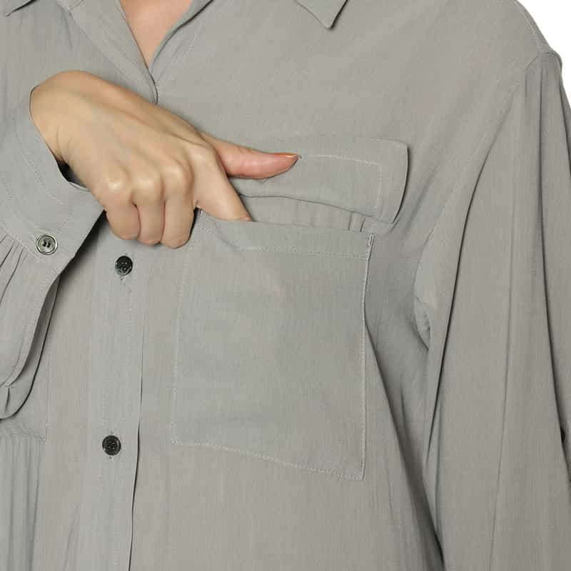 BARNEYS NEW YORK ウォッシャブル シアー素材 ベルテッド ワイドスプレッドカラードレス GRAY