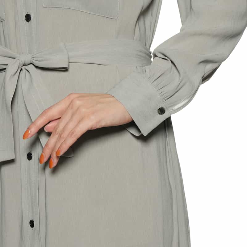 BARNEYS NEW YORK ウォッシャブル シアー素材 ベルテッド ワイドスプレッドカラードレス GRAY