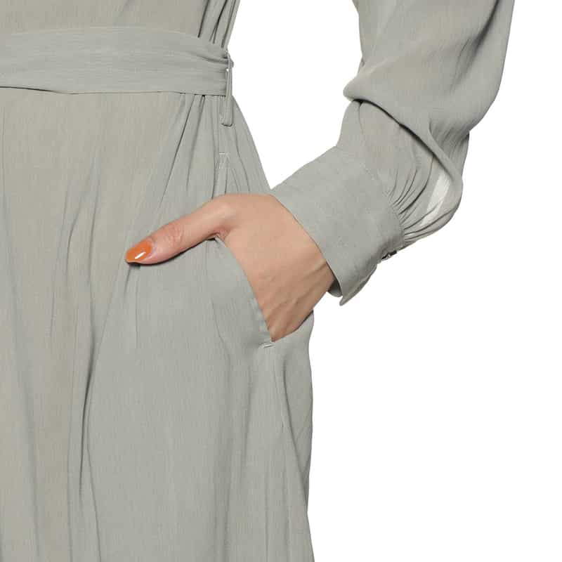 BARNEYS NEW YORK ウォッシャブル シアー素材 ベルテッド ワイドスプレッドカラードレス GRAY