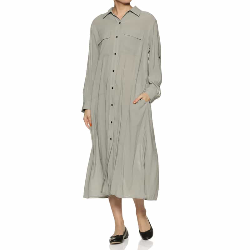 BARNEYS NEW YORK ウォッシャブル シアー素材 ベルテッド ワイドスプレッドカラードレス GRAY