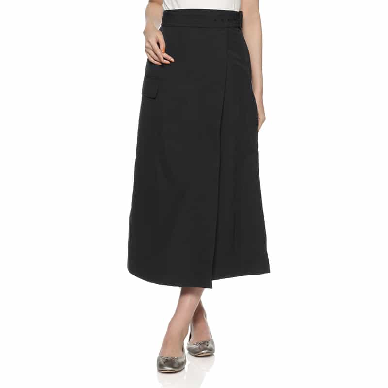 BARNEYS NEW YORK ウォッシャブル ベルテッドラップ風スカート BLACK