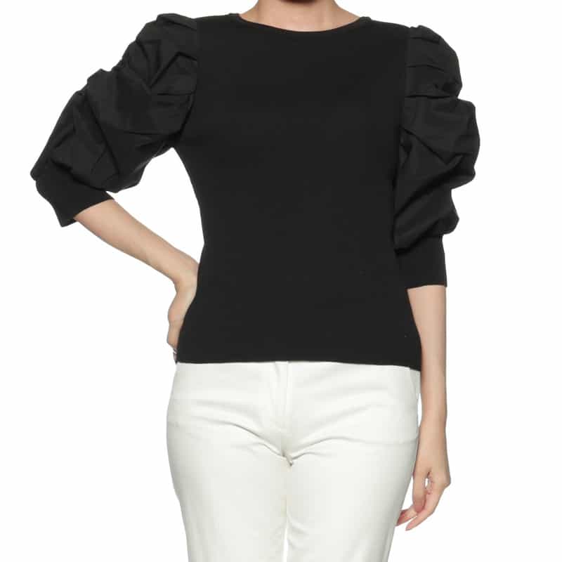 BARNEYS NEW YORK コンビネーション ボリュームスリーブニットプルオーバー BLACK