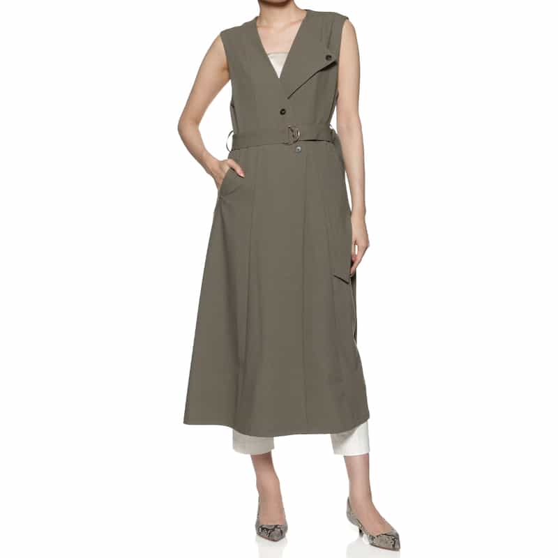 BARNEYS NEW YORK ウォッシャブル ベルト付きロングベスト BROWN