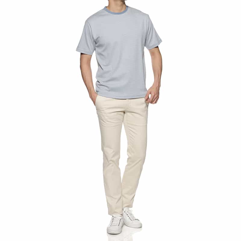 BARNEYS NEW YORK シルケット加工ボーダー柄スロープネックTシャツ BLUE