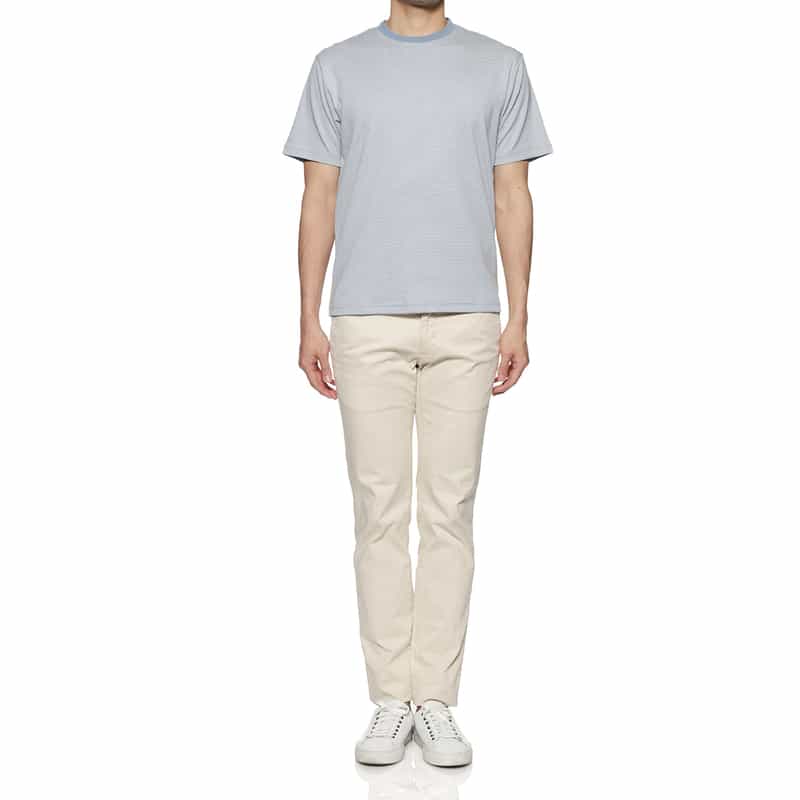 BARNEYS NEW YORK シルケット加工ボーダー柄スロープネックTシャツ BLUE