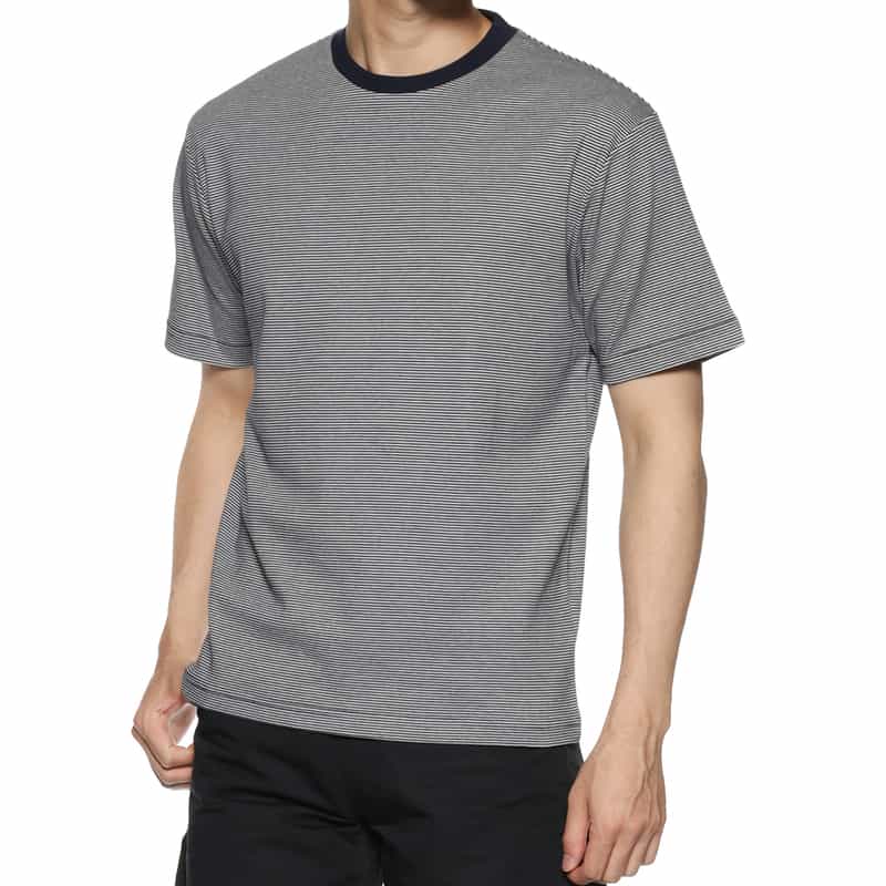 BARNEYS NEW YORK シルケット加工ボーダー柄スロープネックTシャツ NAVY