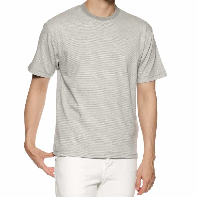 BARNEYS NEW YORK シルケット加工ボーダー柄スロープネックTシャツ GRAY