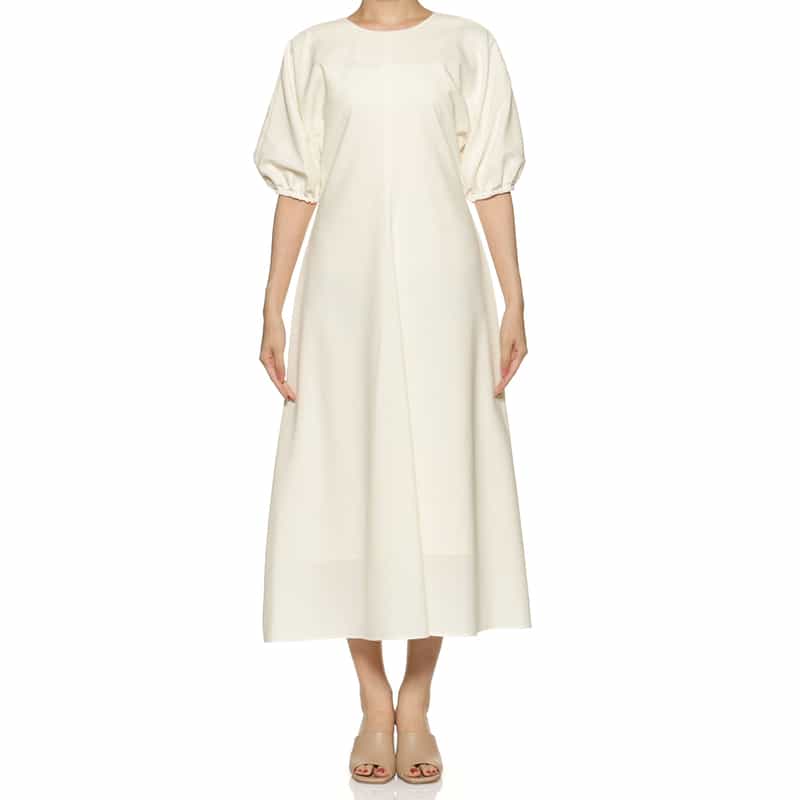 BARNEYS NEW YORK ウォッシャブル バルーンスリーブ ロングフレアドレス OFF WHITE