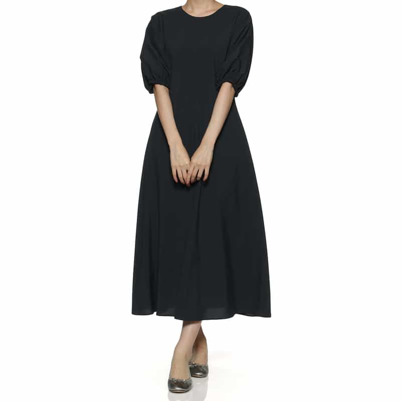 BARNEYS NEW YORK ウォッシャブル バルーンスリーブ ロングフレアドレス NAVY