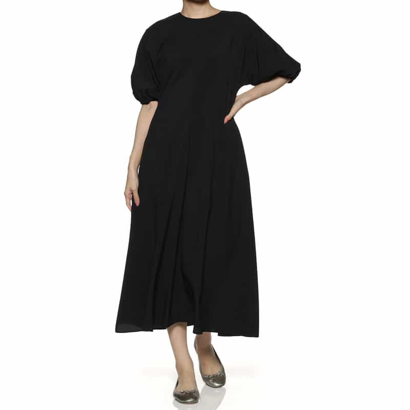 BARNEYS NEW YORK ウォッシャブル バルーンスリーブ ロングフレアドレス BLACK