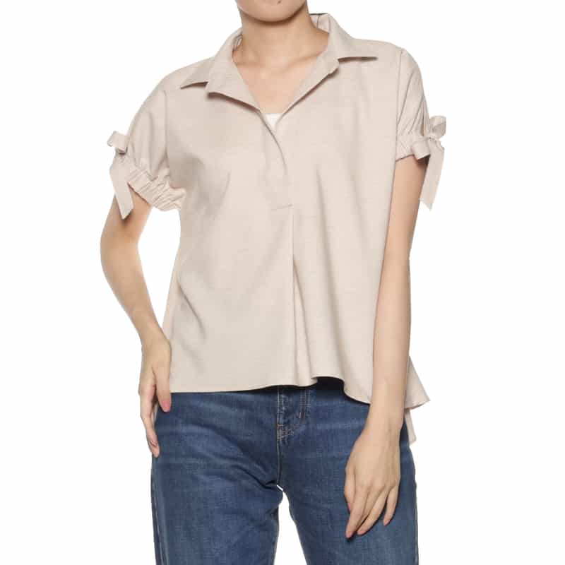 BARNEYS NEW YORK ウォッシャブル リネンライク ボウ付きスリーブ ブラウス BEIGE