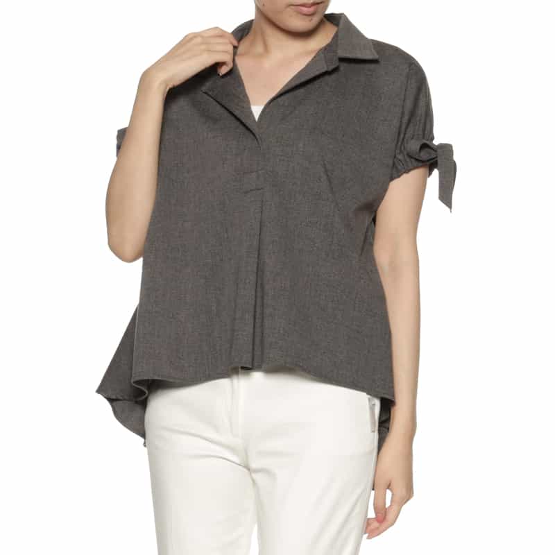 BARNEYS NEW YORK ウォッシャブル リネンライク ボウ付きスリーブ ブラウス GRAY