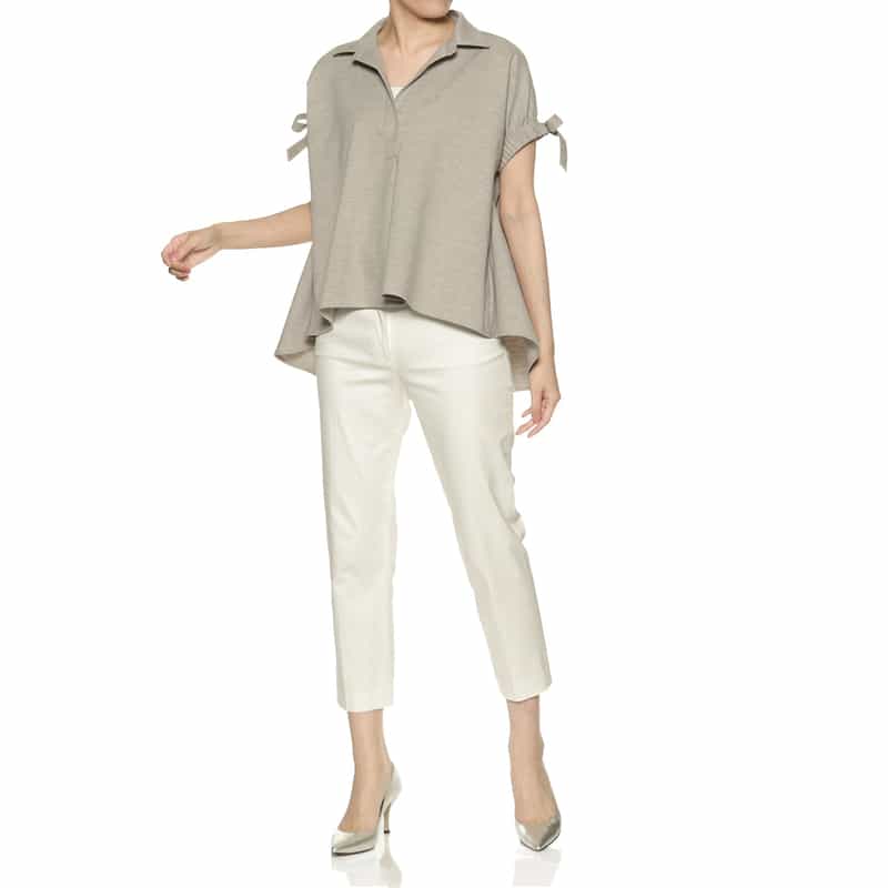 BARNEYS NEW YORK ウォッシャブル リネンライク ボウ付きスリーブ ブラウス LIGHT GRAY