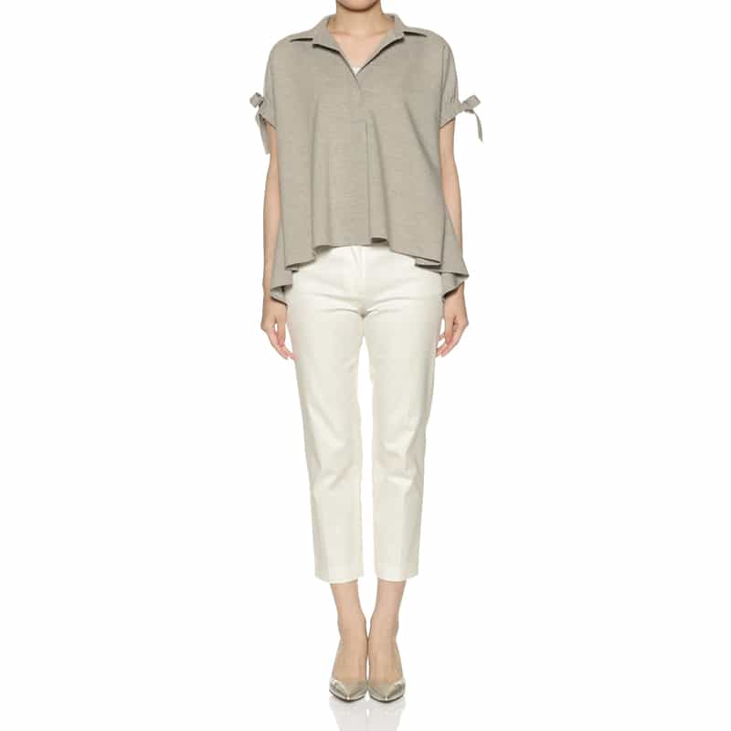 BARNEYS NEW YORK ウォッシャブル リネンライク ボウ付きスリーブ ブラウス LIGHT GRAY