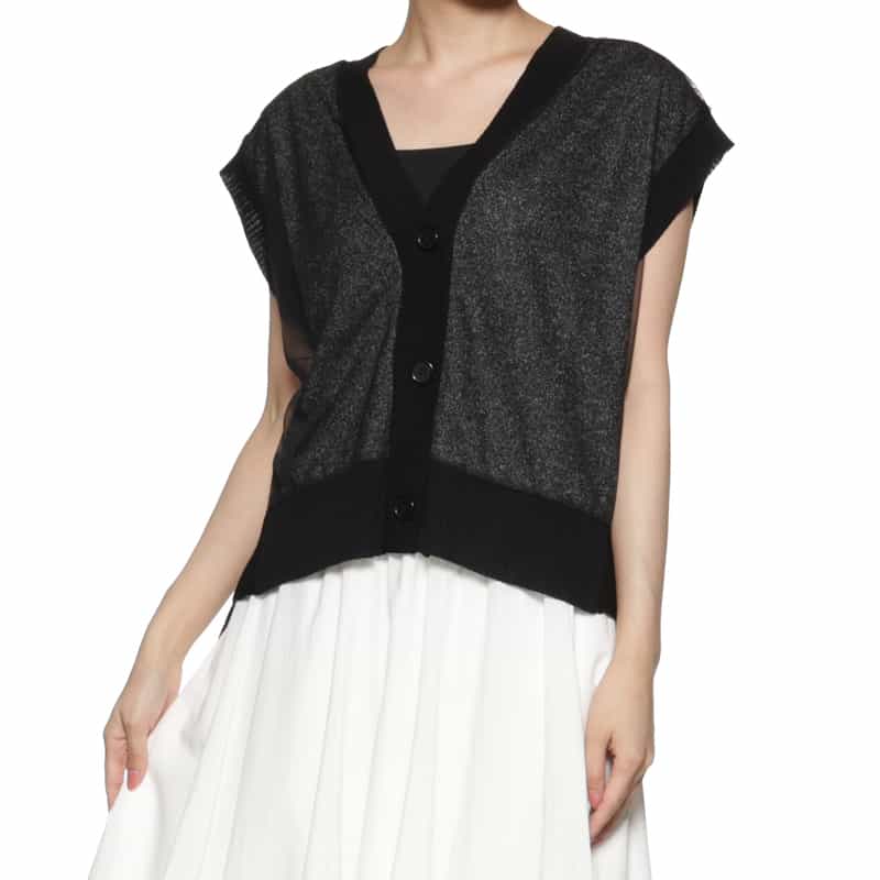 BARNEYS NEW YORK ウォッシャブル チュール素材ニットカーディガン BLACK