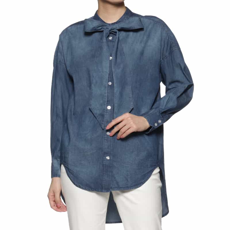BARNEYS NEW YORK ウォッシャブル ボウタイ付きダンガリーデニムシャツ BLUE