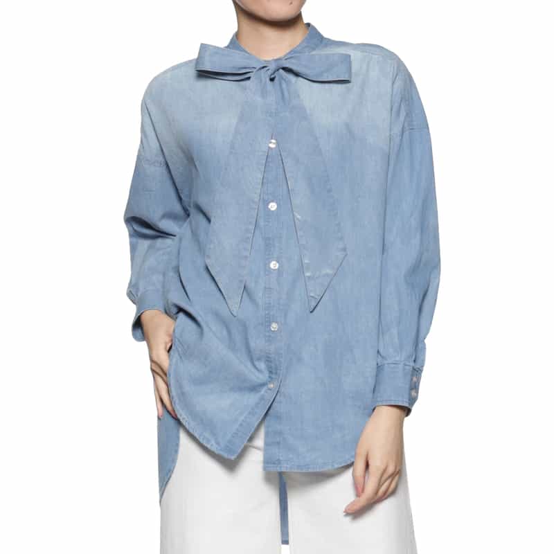 BARNEYS NEW YORK ウォッシャブル ボウタイ付きダンガリーデニムシャツ LIGHT BLUE