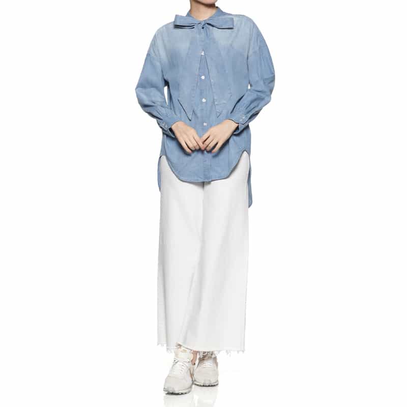 BARNEYS NEW YORK ウォッシャブル ボウタイ付きダンガリーデニムシャツ LIGHT BLUE