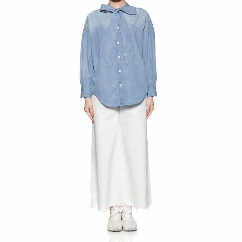 BARNEYS NEW YORK ウォッシャブル ボウタイ付きダンガリーデニムシャツ LIGHT BLUE