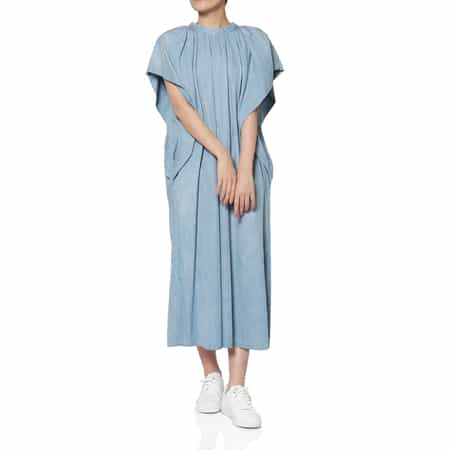 ウォッシャブル デニム素材 バックボウデザイン ラッフルスリーブロングドレス