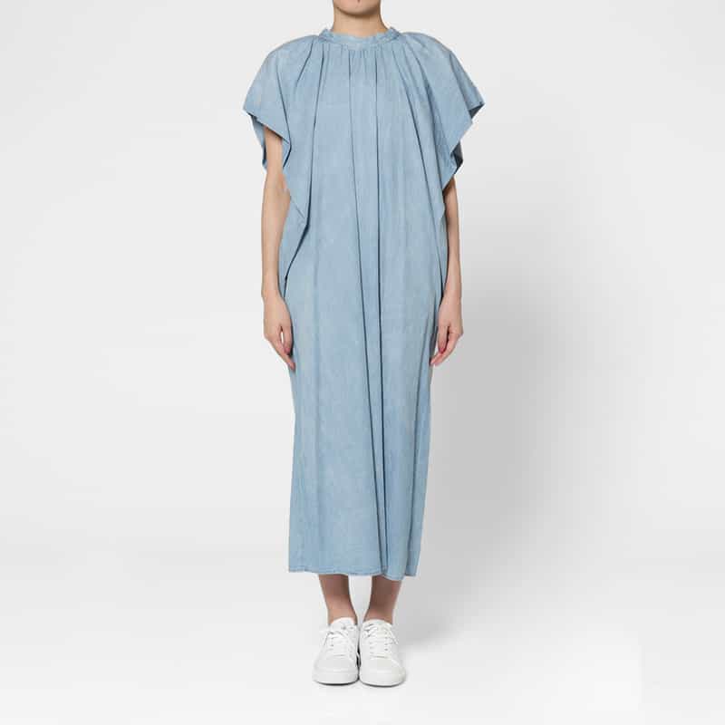 BARNEYS NEW YORK ウォッシャブル デニム素材 バックボウデザイン ラッフルスリーブロングドレス LIGHT BLUE