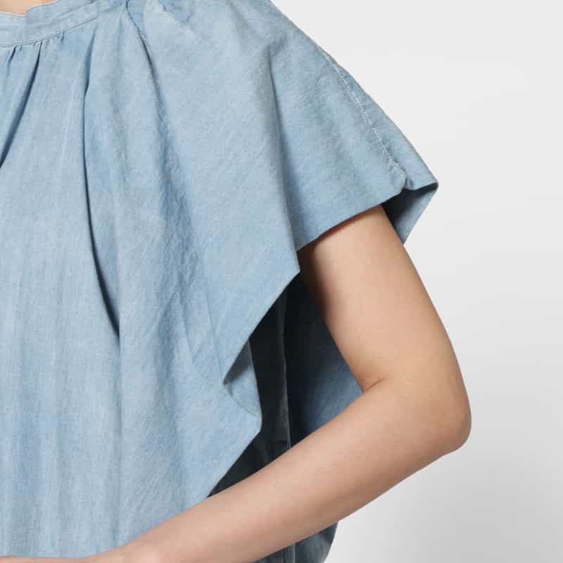 BARNEYS NEW YORK ウォッシャブル デニム素材 バックボウデザイン ラッフルスリーブロングドレス LIGHT BLUE