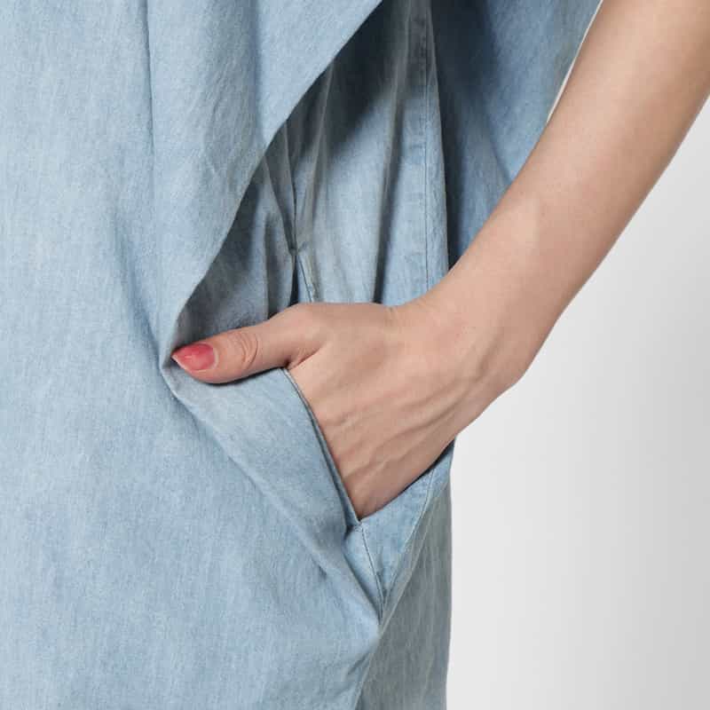 BARNEYS NEW YORK ウォッシャブル デニム素材 バックボウデザイン ラッフルスリーブロングドレス LIGHT BLUE