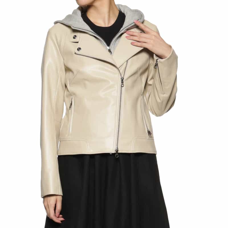 BARNEYS NEW YORK ウォッシャブル フード付きライダースジャケット IVORY