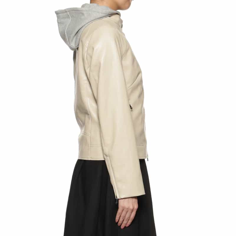 BARNEYS NEW YORK ウォッシャブル フード付きライダースジャケット IVORY