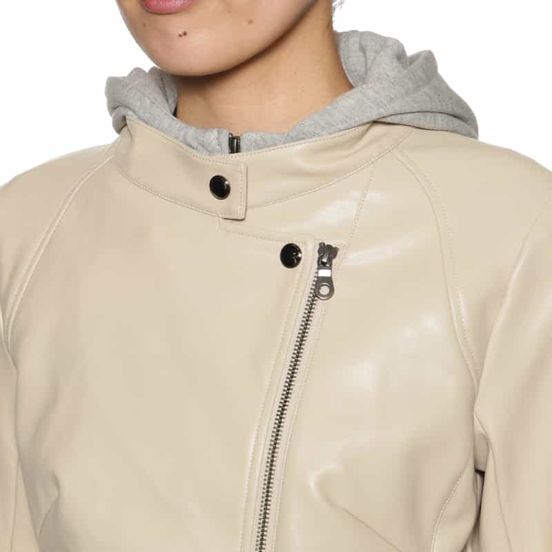 BARNEYS NEW YORK ウォッシャブル フード付きライダースジャケット IVORY