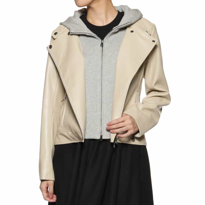 BARNEYS NEW YORK ウォッシャブル フード付きライダースジャケット IVORY