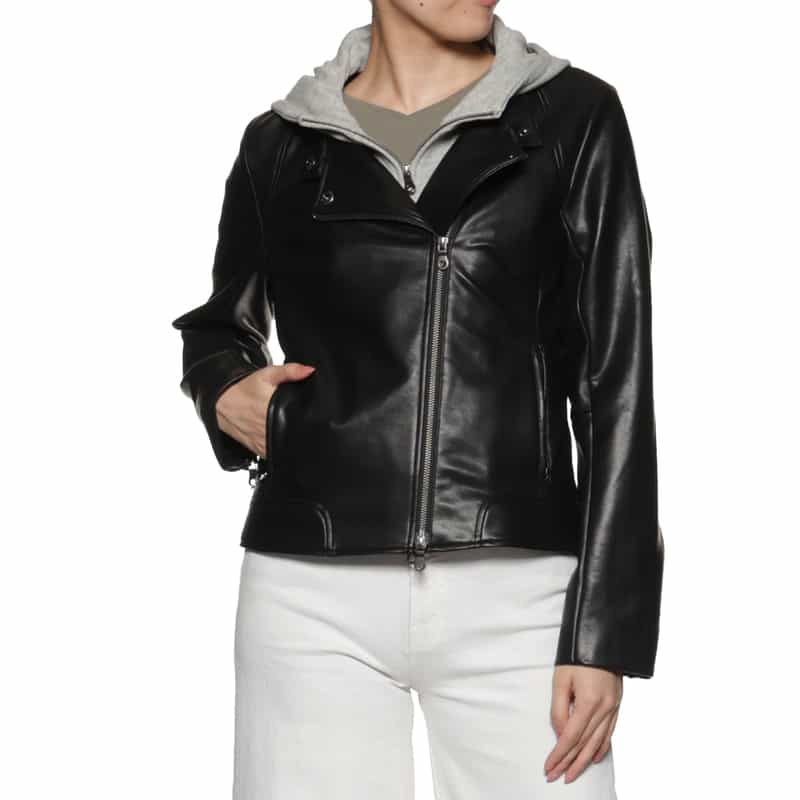 BARNEYS NEW YORK ウォッシャブル フード付きライダースジャケット BLACK