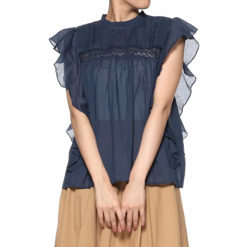 BARNEYS NEW YORK ウォッシャブル 刺繍入りブラウス NAVY