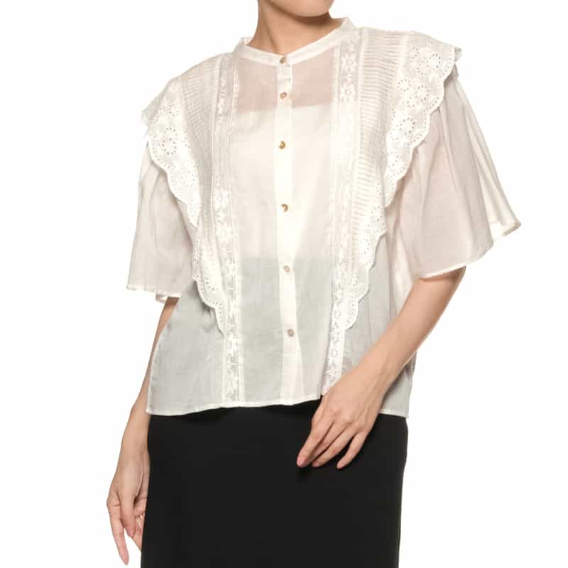 BARNEYS NEW YORK ウォッシャブル フリルレース シアーブラウス WHITE