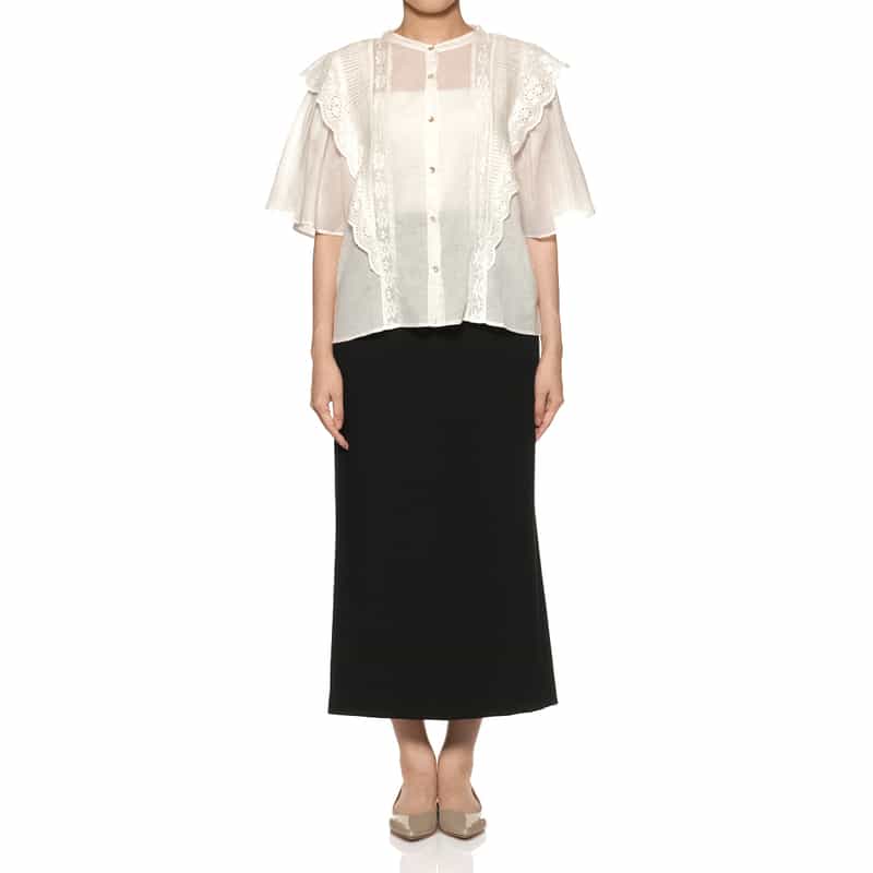 BARNEYS NEW YORK ウォッシャブル フリルレース シアーブラウス WHITE