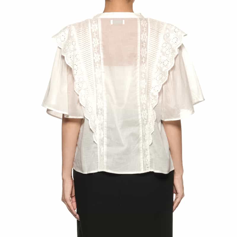 BARNEYS NEW YORK ウォッシャブル フリルレース シアーブラウス WHITE