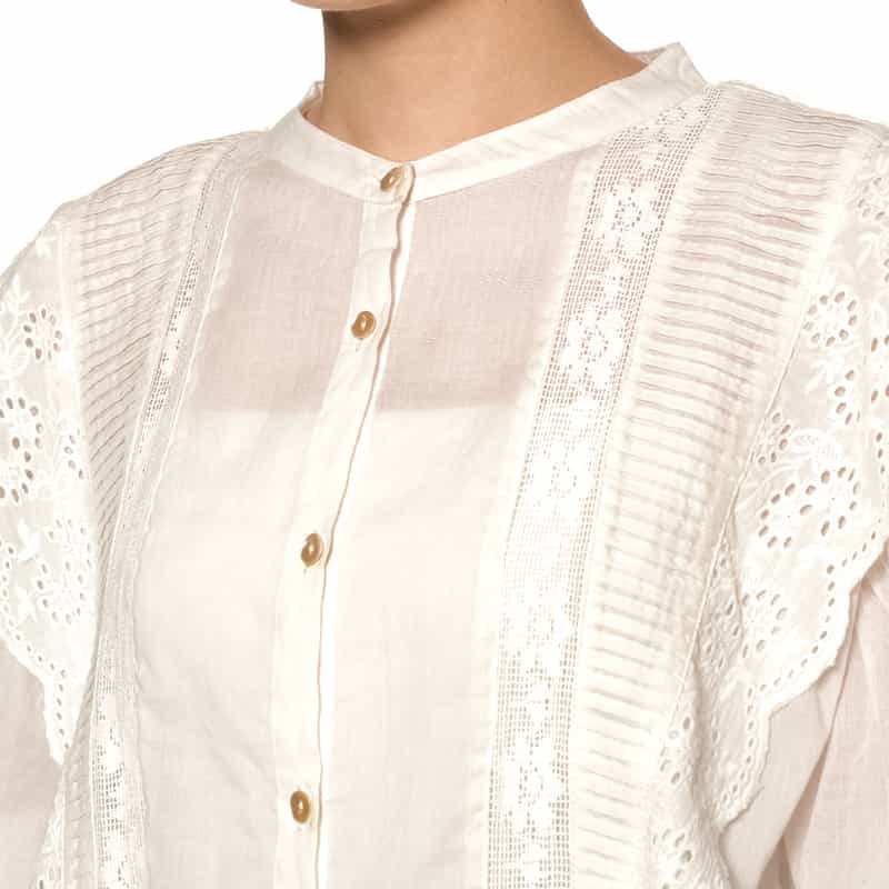 BARNEYS NEW YORK ウォッシャブル フリルレース シアーブラウス WHITE