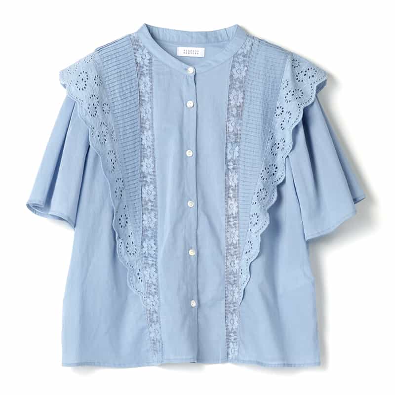 BARNEYS NEW YORK ウォッシャブル フリルレース シアーブラウス BLUE