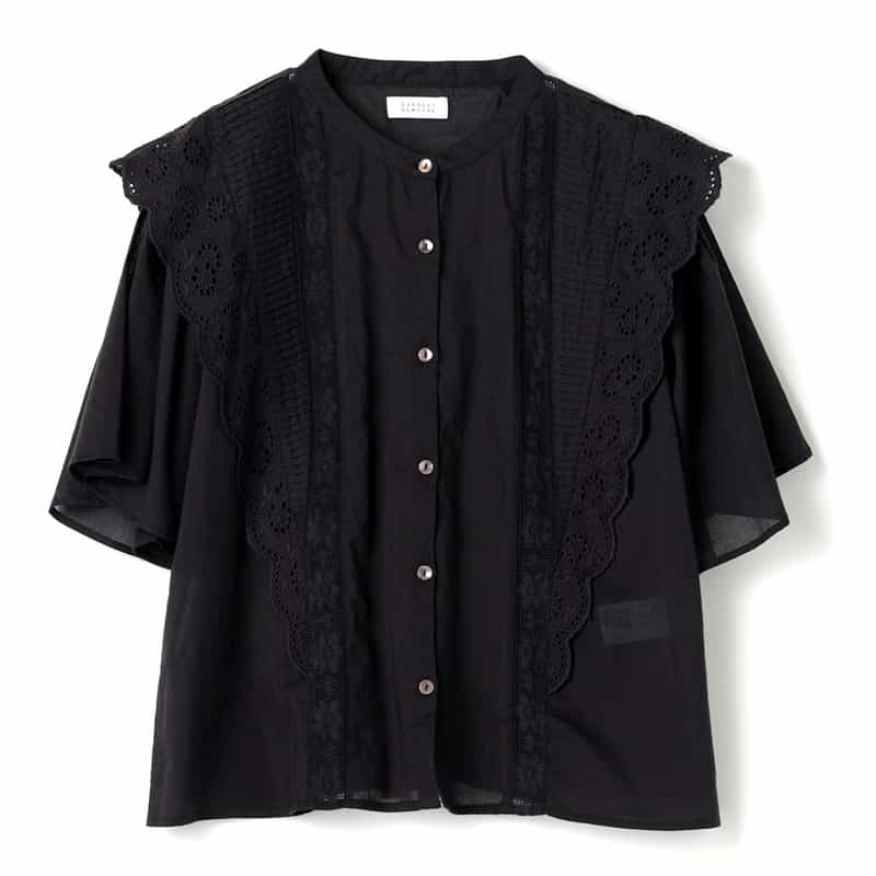 BARNEYS NEW YORK ウォッシャブル フリルレース シアーブラウス BLACK