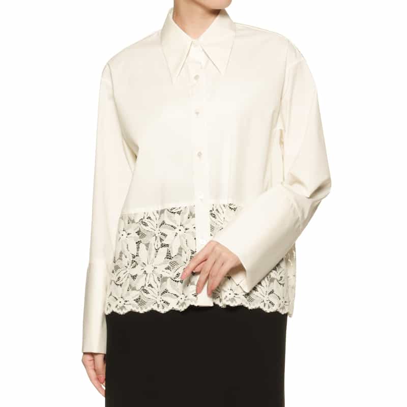 BARNEYS NEW YORK ウォッシャブル レース切替シャツ WHITE