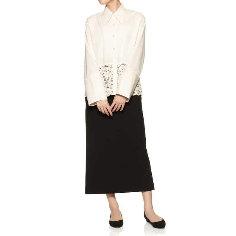 BARNEYS NEW YORK ウォッシャブル レース切替シャツ WHITE