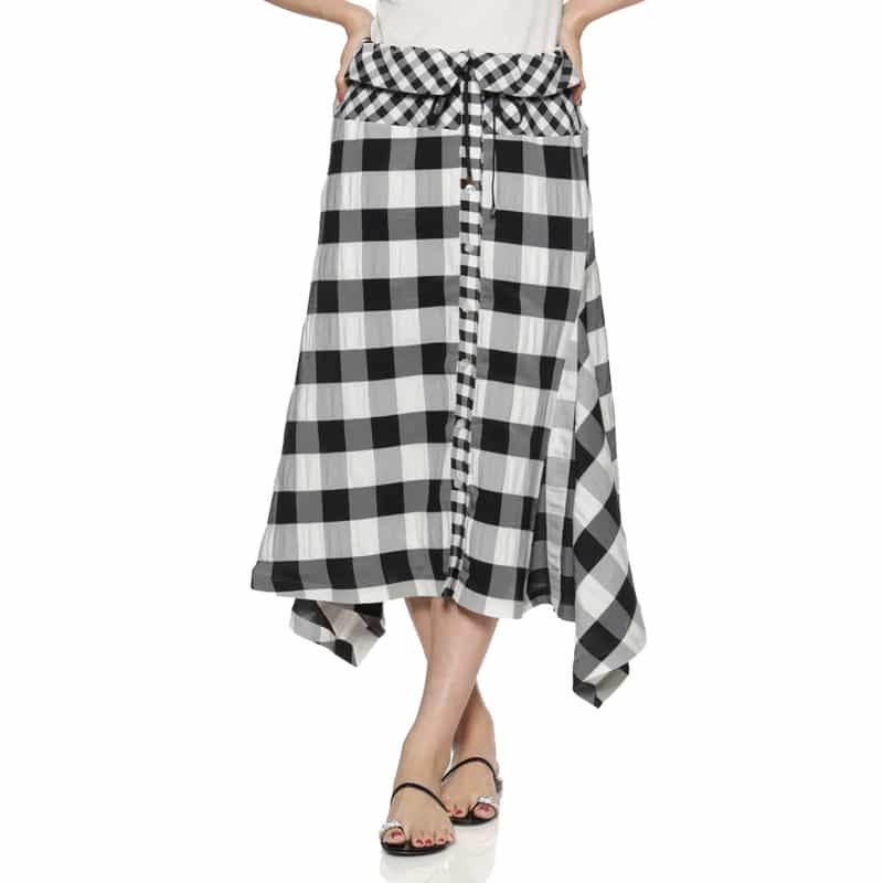 BARNEYS NEW YORK ウォッシャブル アシンメトリー ギンガムチェック柄スカート BLACK