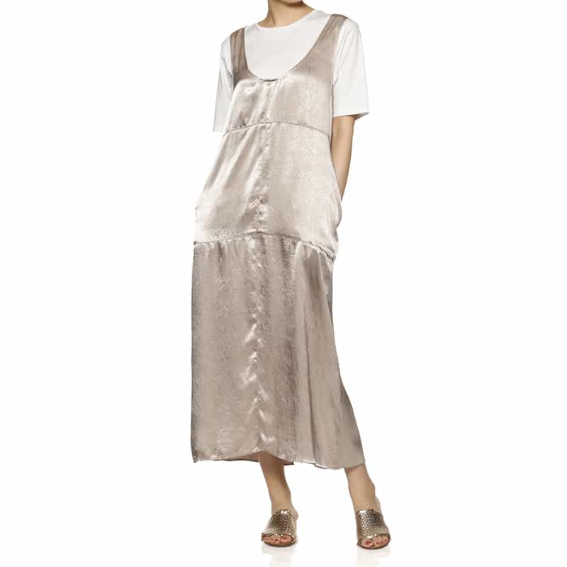 BARNEYS NEW YORK ウォッシャブル サテン ノースリーブロングドレス BEIGE