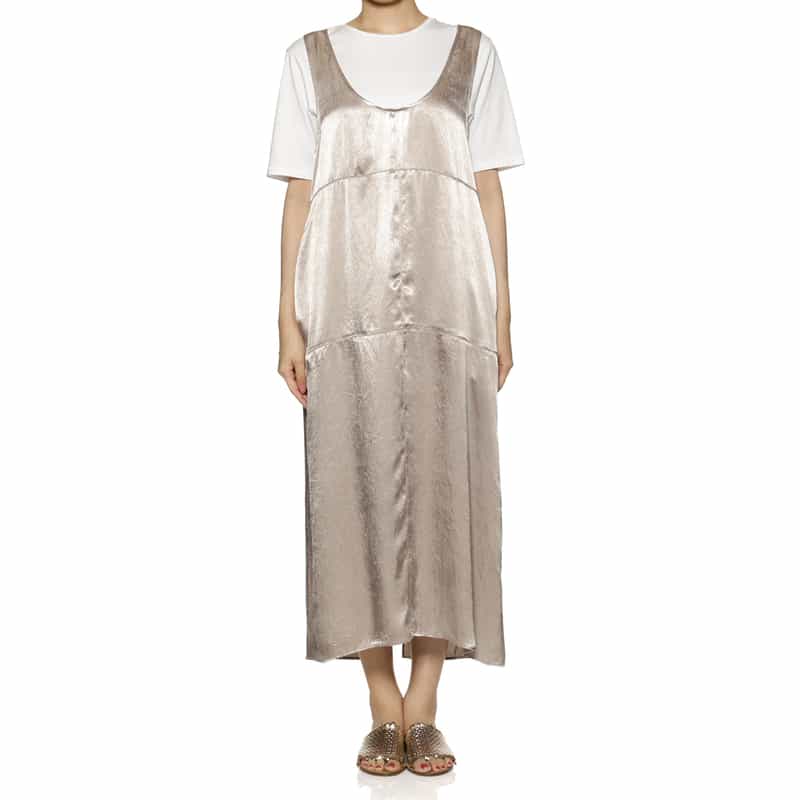 BARNEYS NEW YORK ウォッシャブル サテン ノースリーブロングドレス BEIGE